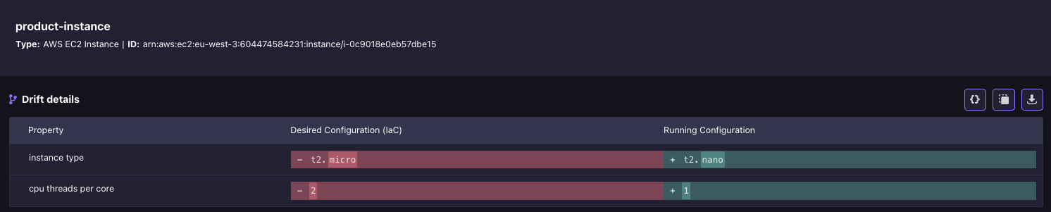 Drift details view showing configuration differences between IaC and actual state