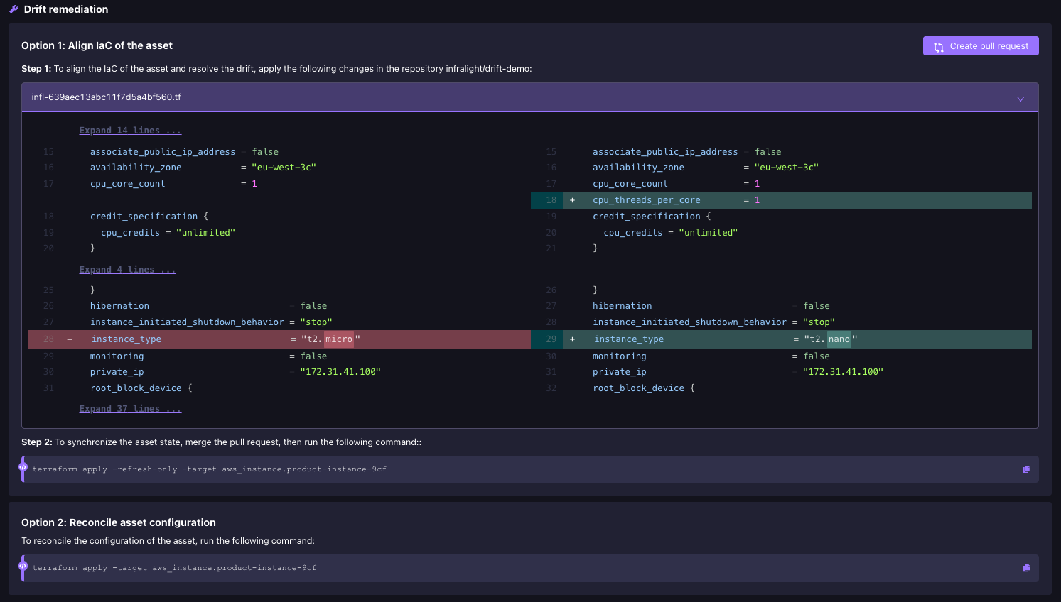 Drift remediation interface with suggested fixes